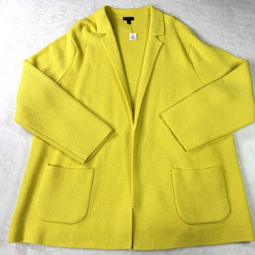 Talbots Cardigan Sweater Women PXL Yellow Open Front Long Line Wool Blend Knit